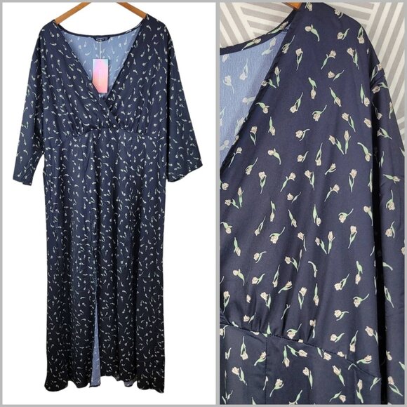 NEW Bloomchic Maxi Dress Faux Wrap Plus 20 20W Double Slit Floral Black Long - Picture 1 of 9
